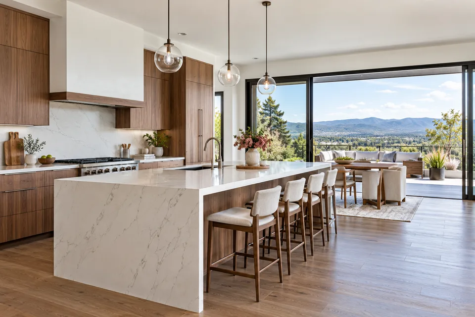 Illustrative walnut kitchen opening onto a terrace with a foothill view