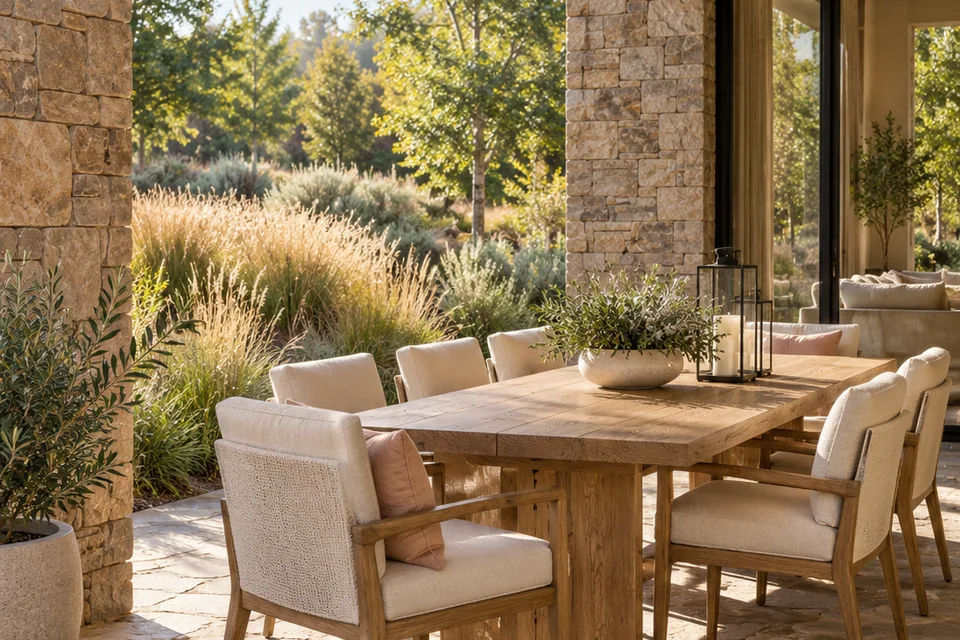 Illustrative stone terrace with a dining table beside a landscaped garden